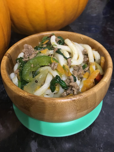 Stir fried minced beef and vegetable udon noodles